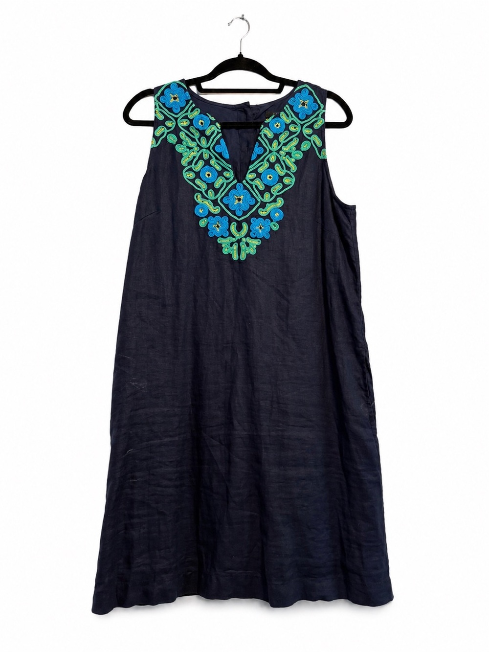 J. Crew Navy Sleeveless Dress with Blue and Green Embroidered Yoke